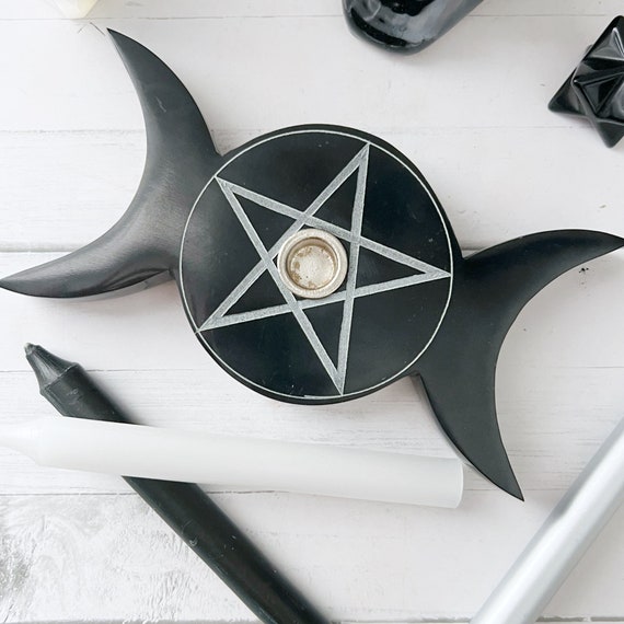 Soapstone Mini Candle Holder Triple Moon w/ Pentacle Soapstone Mini Candle Holder Triple Moon w/ Pentacle