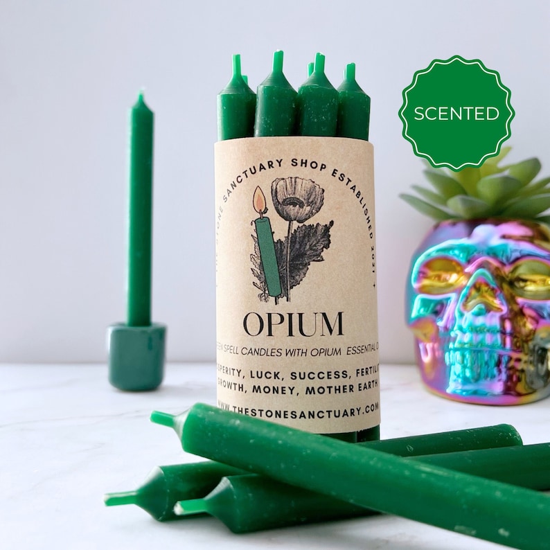 Opium Green Spell Candles, 5 Green Chime Candles, Witch Candles, Ritual Candle, Small Bulk Candles, Green Candles for Spellwork image 1