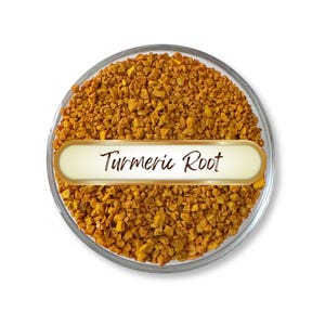 May include: A clear glass bowl filled with small pieces of dried, orange-yellow turmeric root. A white and gold label across the bowl reads "Turmeric Root" in a cursive font. The bowl is set against a white background.