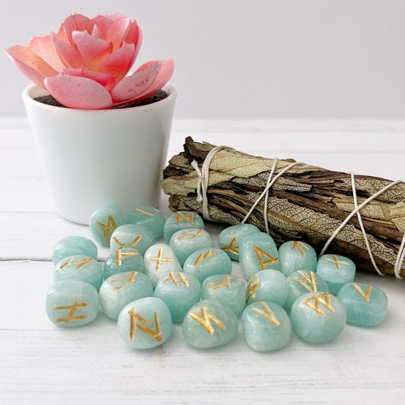 Amazonite Runes | Amazonite Crystal Rune Set | Set of 25 Amazonite Elder Futhark Runes | Amazonite Runes Stones | Norse Runes, Viking Runes