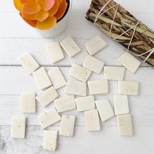 May include: A collection of off-white, rectangular bone tiles scattered on a white wooden surface. The tiles vary slightly in color and texture. A bundle of dried sage tied with twine and a small potted succulent are also visible.