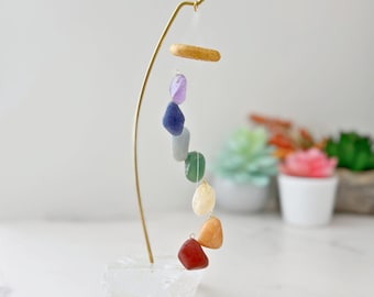 7" Chakra Crystal Table Chime w/ Tumbled Stones and Clear Quartz Base