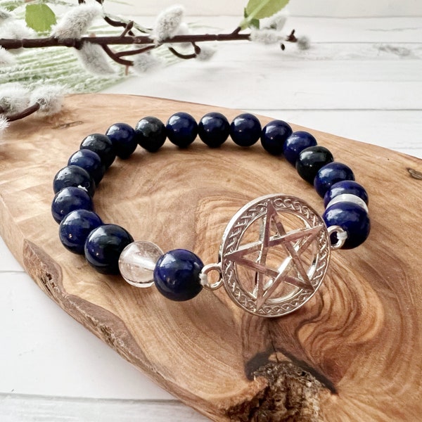 Lapis Lazuli and Clear Quartz Beaded Bracelet | 8mm Lapis & Quartz Bead Stretch Bracelet w/Pentacle Charm | Wiccan Gift, Pagan, Witch