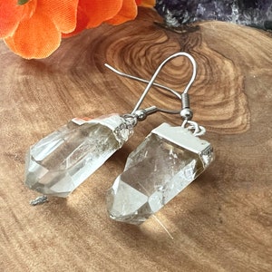 Clear Quartz Point Earrings | Natural Quartz Point Dangle Earrings | Silver Capped Rough Quartz Point Drop Earrings | Raw Quartz Point