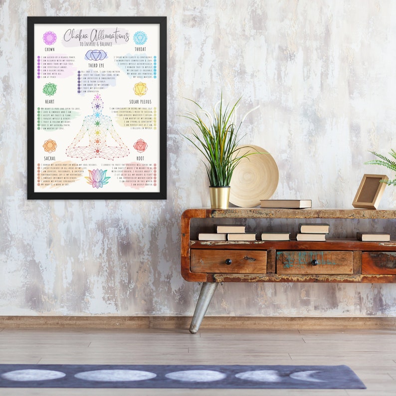 Op de afbeelding: Een ingelijste poster met een kleurrijke illustratie van de zeven chakra's, inclusief hun namen en affirmaties. De poster hangt aan een lichtgrijze muur met een houten plank en een plant in een pot eronder.