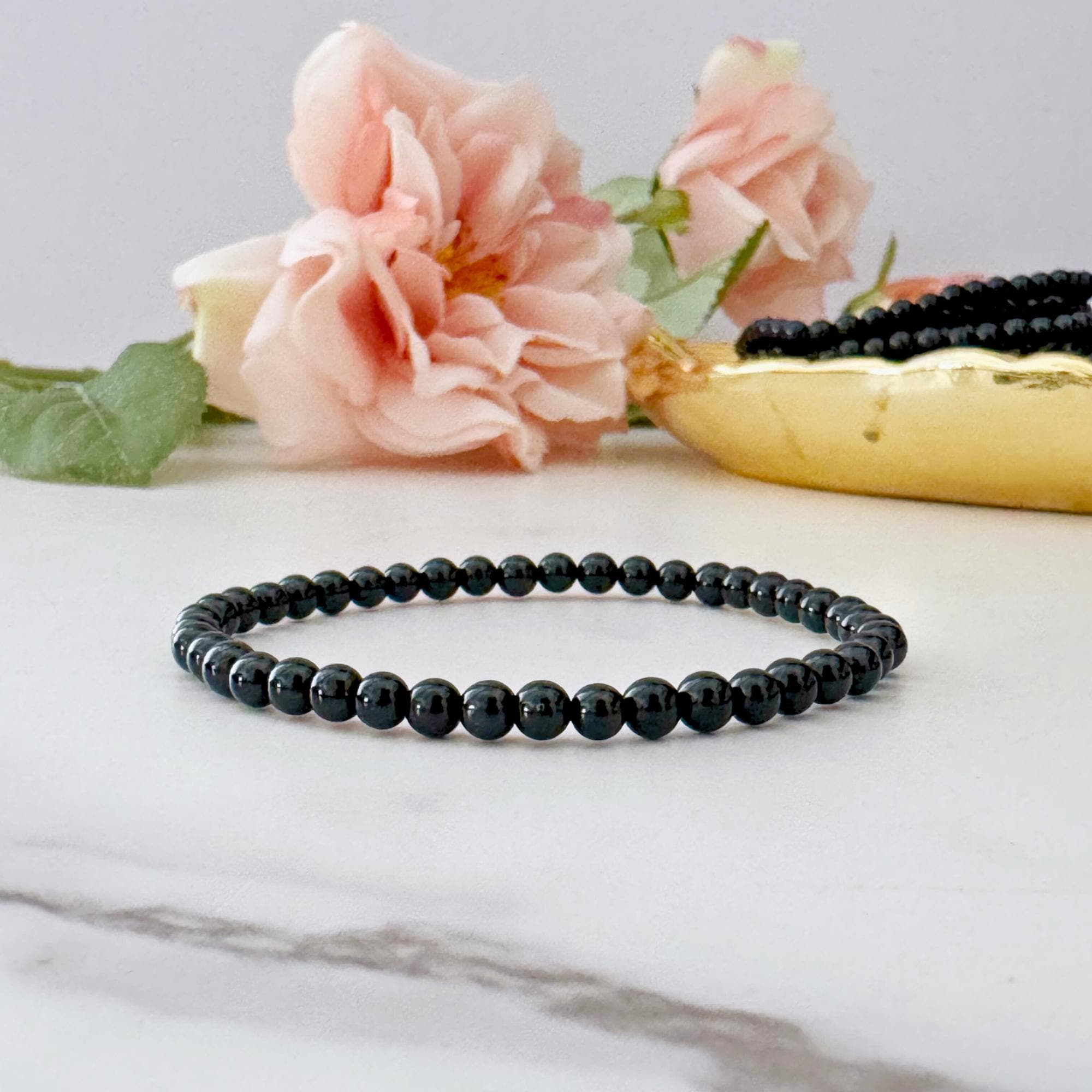 4mm Black Tourmaline Beaded Bracelet | Black Tourmaline Gemstone Bead Stretch Bracelet | Shop Metaphysical Crystal Bracelets for Root Chakra