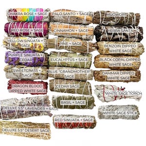 May include: A collection of 18 different smudge sticks, each with a unique blend of herbs and flowers. The sticks are arranged in two rows of nine, with the names of the blends printed below each stick. Some of the blends include: Chakra Rose + Sage, Palo Santo + Sage, Mugwort, Red Rose + Sage, Cinnamon + Sage, Yerba Santa, Yellow Sinuata + Sage, Pine + Sage, Benzoin Dipped White Sage, Purple Sinuata + Cedar, Eucalyptus + Sage, Black Copal Dipped White Sage, Sweetgrass + Sage, Blue "Grandmother" Sage, Dammar Dipped White Sage, Dragon Blood Dipped White Sage, Cedar Sage, White Sage Torch, Deluxe 5.5" Lavender + Sage, Basil + Sage, White Sage Stick, Red Sinuata + Sage, Deluxe 5.5" Desert Sage.