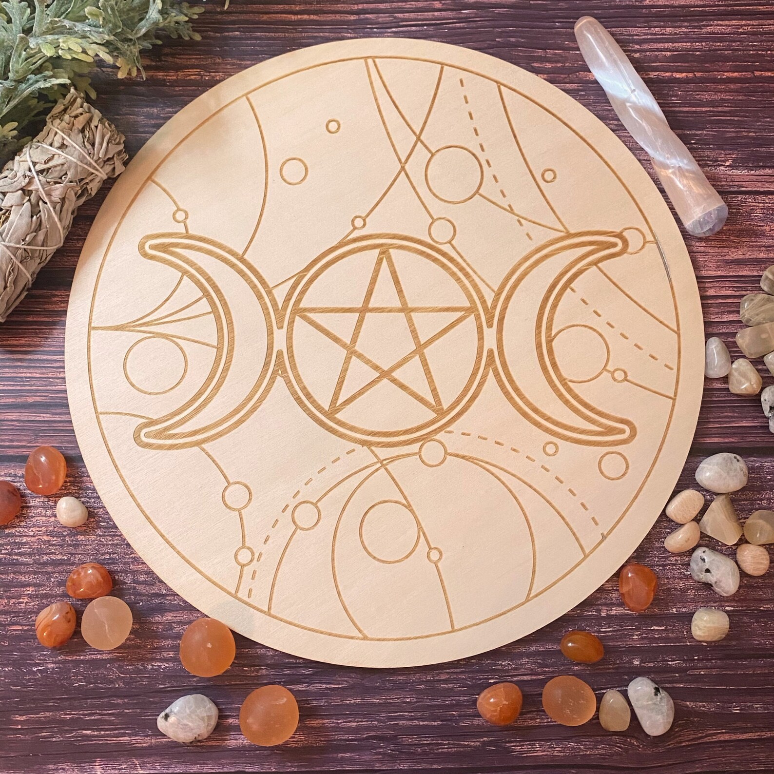 Triple Moon Wall Art Triple Goddess Crystal Grid Pentagram Etsy