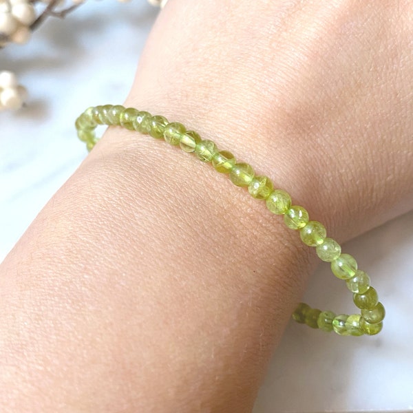 4mm Peridot Beaded Bracelet | Polished Peridot Gemstone Bead Stretch Bracelet | Shop Metaphysical Crystal Jewelry, August Birthstone