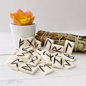May include: A collection of off-white rune stones with black markings, scattered on a white surface. A bundle of dried sage and a small potted succulent are in the background. The runes are rectangular and feature various geometric symbols.