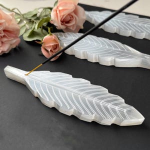 7" Selenite Satin Spar Feather Incense Holder & Crystal Charging Plate