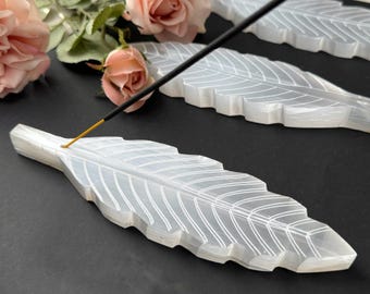 7" Selenite Satin Spar Feather Incense Holder & Crystal Charging Plate