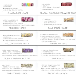 May include: A grid of 10 colorful smudge sticks with descriptions of their uses and benefits. The smudge sticks are made of dried herbs and flowers, and they are used for cleansing, purifying, and spiritual healing. The descriptions include the names of the herbs and flowers used in each smudge stick, as well as their properties.  The smudge sticks are arranged in a grid of 5 rows and 2 columns. Each smudge stick is accompanied by a description of its properties and uses. The descriptions are written in black text on a white background. The smudge sticks are all different colors and sizes, and they are all arranged in a visually appealing way.