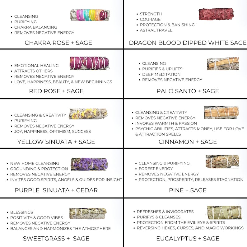 May include: A grid of 10 colorful smudge sticks with descriptions of their uses and benefits. The smudge sticks are made of dried herbs and flowers, and they are used for cleansing, purifying, and spiritual healing. The descriptions include the names of the herbs and flowers used in each smudge stick, as well as their properties.  The smudge sticks are arranged in a grid of 5 rows and 2 columns. Each smudge stick is accompanied by a description of its properties and uses. The descriptions are written in black text on a white background. The smudge sticks are all different colors and sizes, and they are all arranged in a visually appealing way.