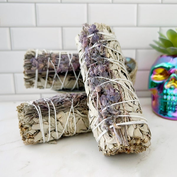 Organic White Sage & Lavender Smudge | 5" Deluxe Lavender White Sage Smudge Stick | Sage Smoke Cleansing Ritual Tool, Mediation, Energy Work