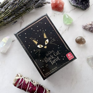 Golden Black Cat Tarot Card Deck by Helena de Almeida | 78 Gilt Edged Cards & 96 Pg Full Color Booklet | RWS Based Tarot Deck
