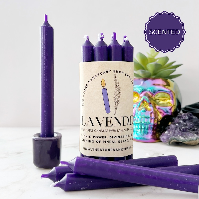 Lavender Scented Purple Spell Candles, 5 Purple Chime Candles, Witch Candles, Ritual Candles, Small Bulk Candles, Purple Candles for Wisdom image 3