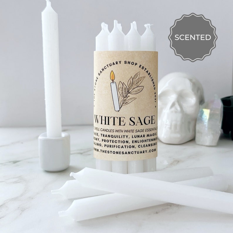 White Sage White Spell Candles, 5 Scented White Sage Chime Candles, Witch Candles, Ritual Candles, Small Bulk Candles, Candles for Peace image 3