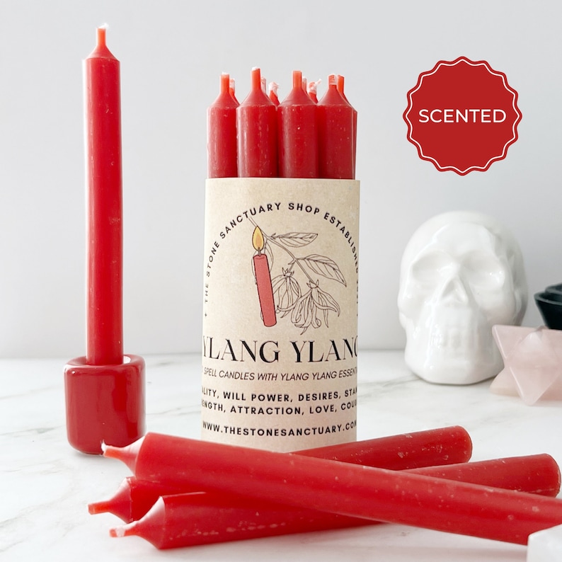 Ylang Ylang Red Spell Candles, 5 Red Chime Candles, Witch Candles for Spells, Ritual Candles, Small Bulk Candles, Red Candles, Love, Magic image 3