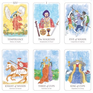 May include: A set of six tarot cards featuring watercolor illustrations. The cards display images of figures and symbols, including an angel, a magician, and a knight on horseback. Each card has a title and a brief description.