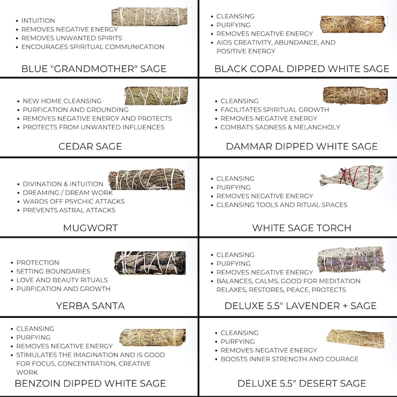 May include: A collage of different types of sage smudge sticks, each with a description of its properties and uses. The sage sticks are arranged in a grid pattern, with each stick accompanied by a white background and black text. The sage sticks are all different sizes and shapes, and some have been dipped in white sage.