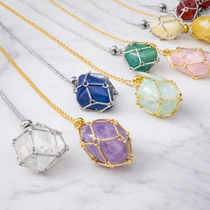 24" Crystal Holder Necklace: Silver or Gold Tone Net Cage, Select Your Gemstone Option