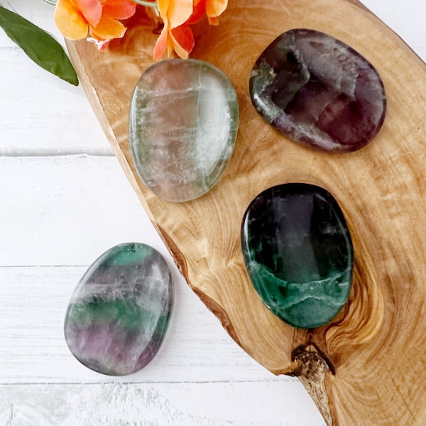 Rainbow Fluorite Worry Stone | Polished Fluorite Worry Stones, Fluorite Thumb Touch Stone, Shop Metaphysical Crystals Crown to Heart Chakras