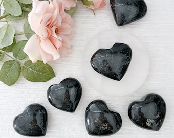 2.5" Black Galaxy Jasper Heart | Palm Sized Black Jasper Heart w/Clear & Smoky Quartz Inclusions | Shop Metaphysical Crystals for Root