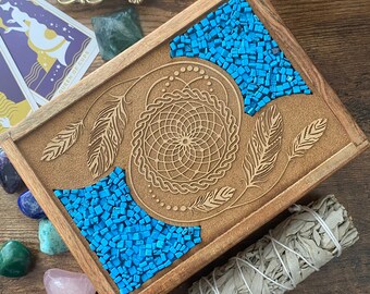 Turquoise Dream Catcher Keepsake Box | Wood Dreamcatcher Box | Metaphysical Crystal Storage Box, Altar Box, Jewelry Box, Witchcraft Supply