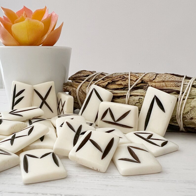 May include: Ivory-colored rune stones with black etched symbols are scattered in front of a white pot with a yellow and orange succulent. A bundle of dried sage is tied with twine.
