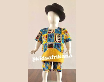 African Wax Boy Outfit, Ankara Boys' Outfit, Ankara boys' Top and Shorts, African Baby Clothes