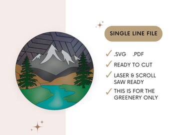 SVG Single line file mountain scene. Laser File. Scroll Saw File