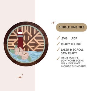 May include: Circular wooden art piece featuring a lighthouse scene. The lighthouse is red with a white top, set against a geometric wooden background. Includes hibiscus flowers and ocean waves. The text on the image says "SINGLE LINE FILE".