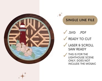 SVG Single line file lighthouse ocean waves scene. Laser File. Scroll Saw File