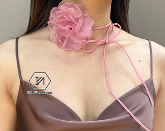 Rose Flower Choker Pink Ribbon Necklace - Collier ras de cou floral fait à la main