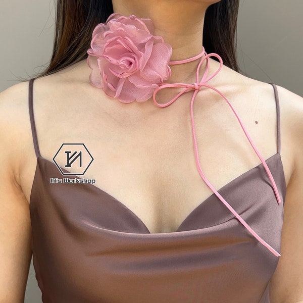 Gargantilla de flor rosa collar de cinta rosa - collar de gargantilla floral hecho a mano