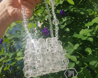 Mini Crystal Beaded Bag / Clear Shoulder Bag / Top Handle Bag/ Handmade Bag for Women