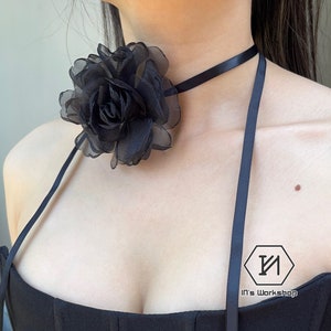Rose Flower Choker Black Ribbon Necklace - Handmade Floral Choker Necklace