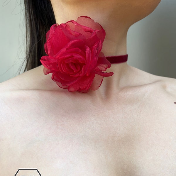 Rose Flower Choker Red Ribbon Necklace - Handmade Floral Choker Necklace