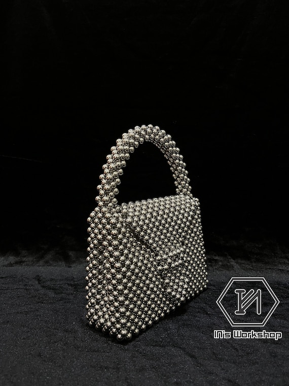 Silver Beaded Bag Metallic Party Handbag Wedding Purse for Her 