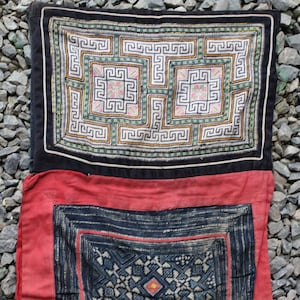 2 camadas vintage Hmong Hill tribo bebê wrap tecido feito à mão, batik à mão, vintage tribal bordado algodão bebê portador sem alça de amarrar