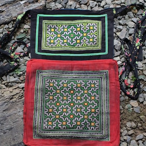 Portabebés vintage de algodón bordado tribal con correa para atar, tejido a mano, de la tribu Hmong Hill, de 1 capa