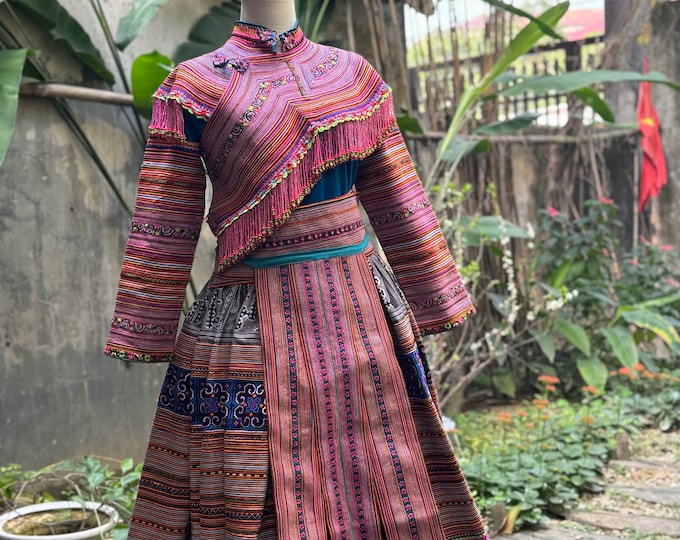 Vintage Hmong Embroidered Outfit: Tribal Costume Jacket, Skirt, Belt ...