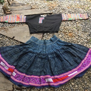 Traditional vintage skirt Hmong hand woven Hmong hemp embroidered and batik hand dyed blue indigo