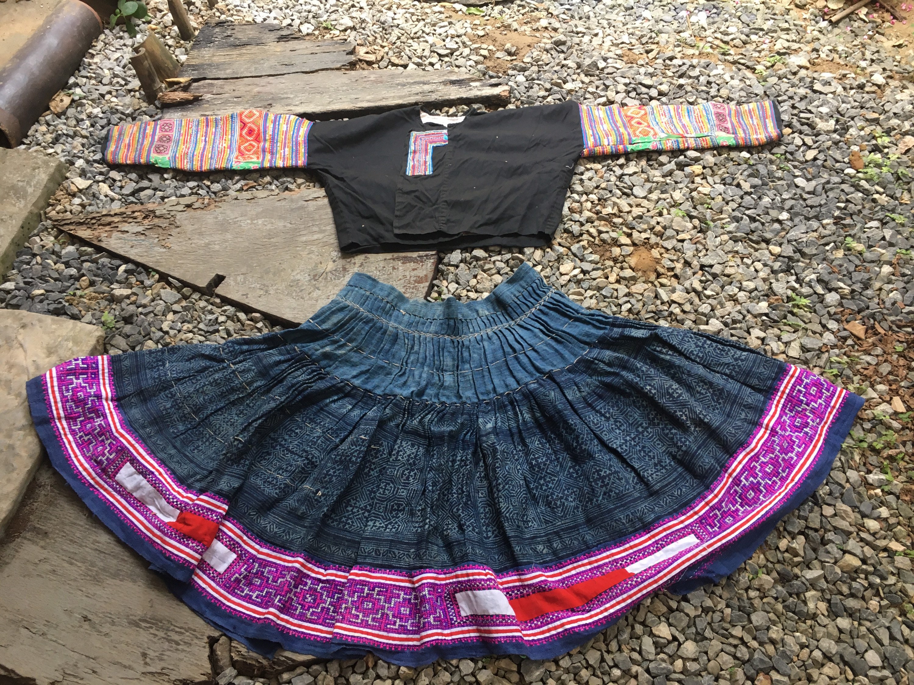 Handmade Hmong Hemp Skirt: Indigo Batik Embroidered, Vintage Tribal Style