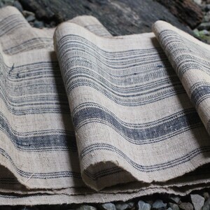 May include: A close-up of a piece of fabric with a striped pattern. The fabric is a light beige color with dark blue stripes. The fabric is folded and wrinkled.