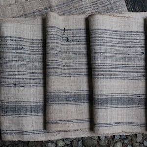 May include: A set of five fabric panels with a striped pattern. The fabric is a natural linen color with dark blue stripes. The panels are folded and arranged in a row.