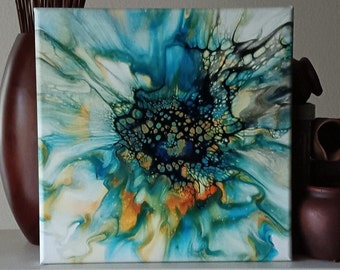Acrylic Pour Painting, Wildflower, Bloom Art, Fluid Painting, Original Artwork, 12x12 inch Gallery Wrapped Canvas, Wall Art