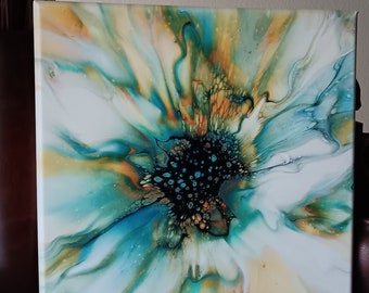 Acrylic Pour Painting, Bloom Art, Original Artwork, 12x12 inch Gallery Wrapped Canvas, Wall Decor, Sunny Day Bloom