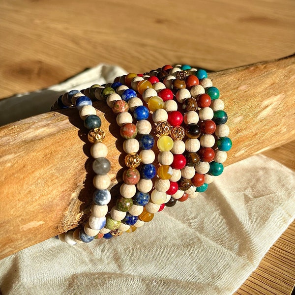 Bracelet Sodalite / Oeil de tigre / Lapis Lazuli / Unakite / Corail / Chrysocolle / Jaspe Rouge / Agate Jaune & Bois